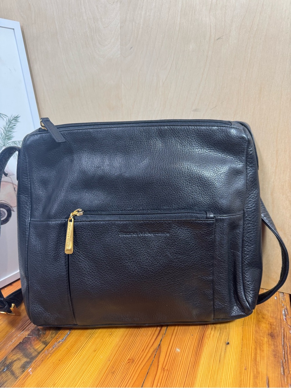 Stone Mountain Accessories Black Leather Messenger Bag with Gold Accent